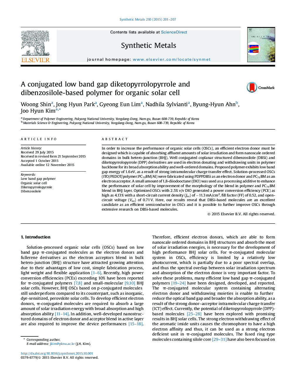 A conjugated low band gap diketopyrrolopyrrole and dibenzosilole-based polymer for organic solar cell