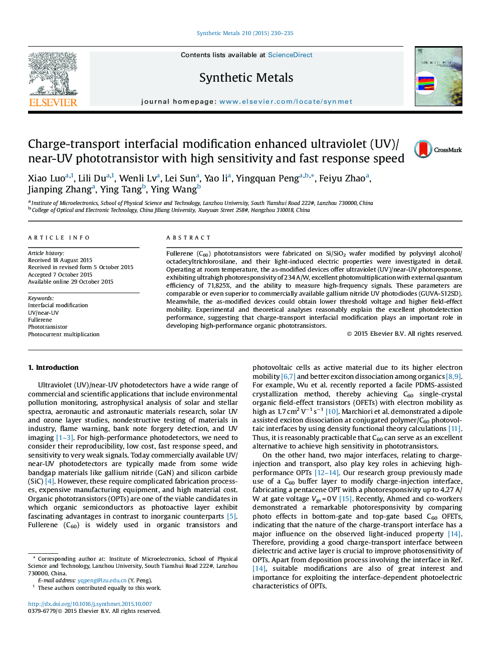 Charge-transport interfacial modification enhanced ultraviolet (UV)/near-UV phototransistor with high sensitivity and fast response speed