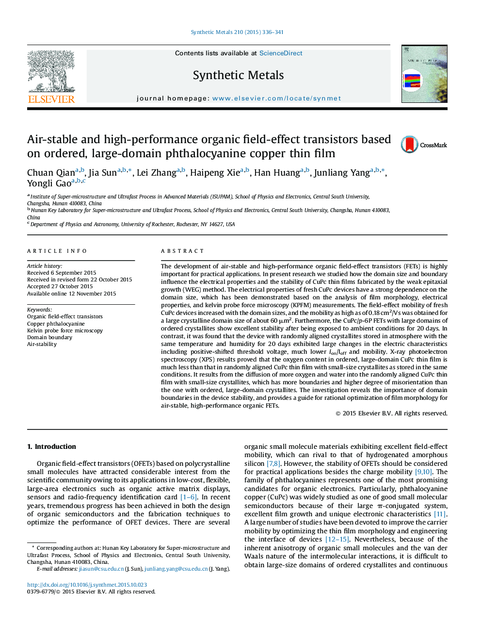 Air-stable and high-performance organic field-effect transistors based on ordered, large-domain phthalocyanine copper thin film