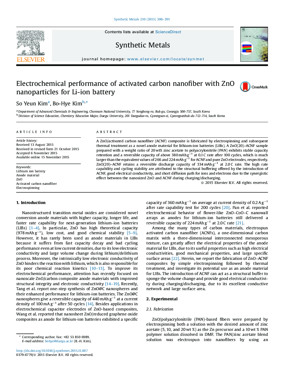 Electrochemical performance of activated carbon nanofiber with ZnO nanoparticles for Li-ion battery