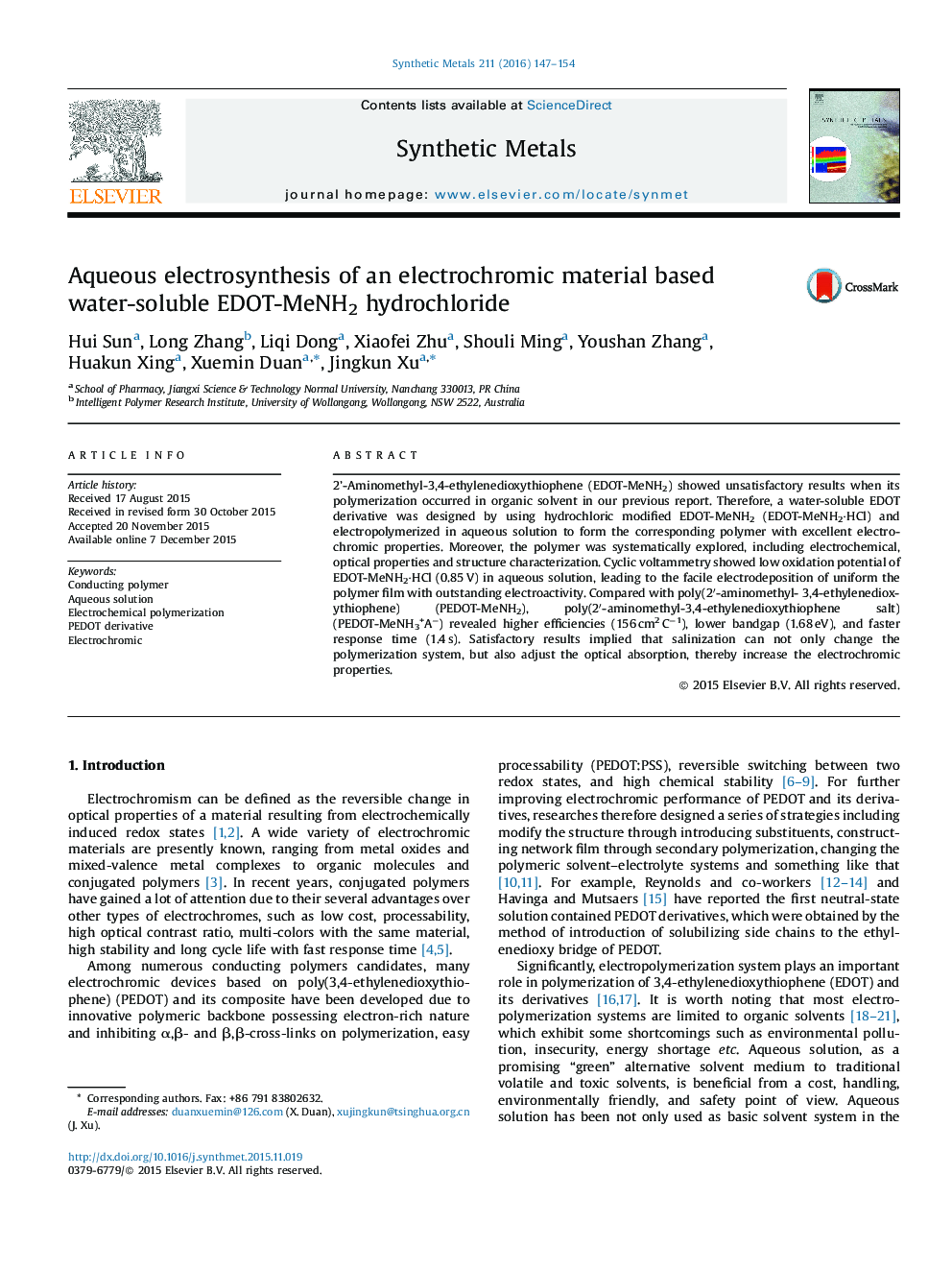 Aqueous electrosynthesis of an electrochromic material based water-soluble EDOT-MeNH2 hydrochloride