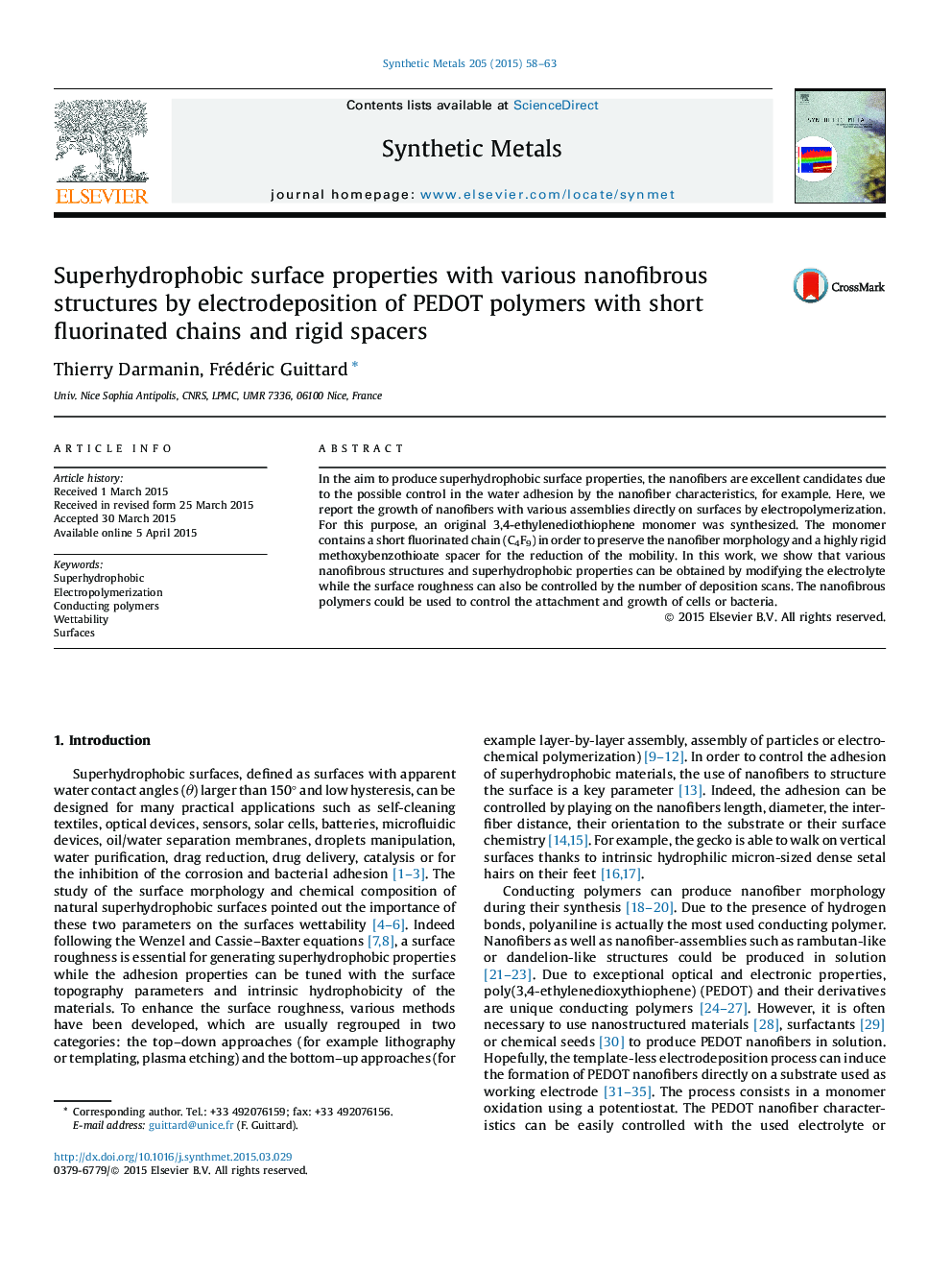 Superhydrophobic surface properties with various nanofibrous structures by electrodeposition of PEDOT polymers with short fluorinated chains and rigid spacers