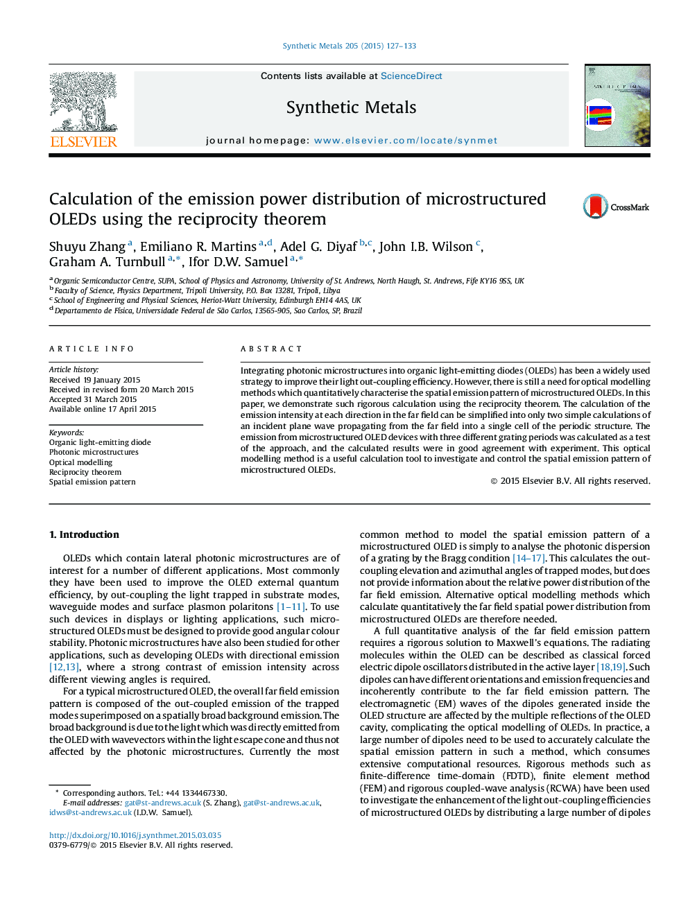 Calculation of the emission power distribution of microstructured OLEDs using the reciprocity theorem