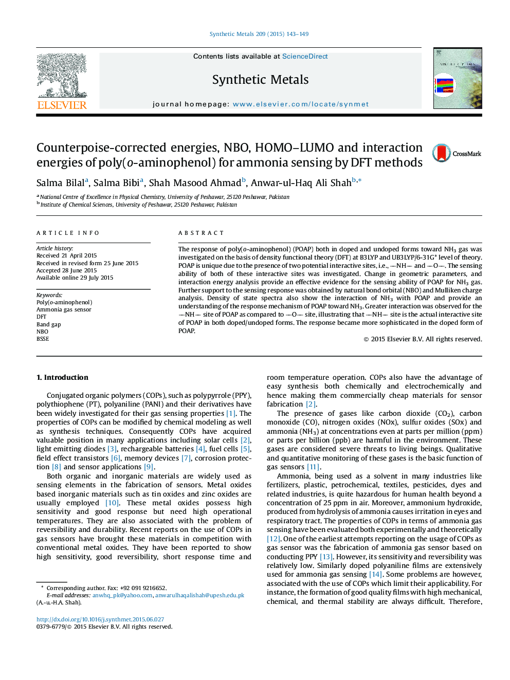 Counterpoise-corrected energies, NBO, HOMO–LUMO and interaction energies of poly(o-aminophenol) for ammonia sensing by DFT methods