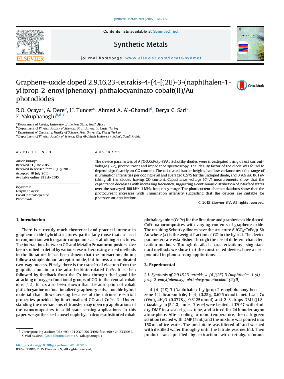 Graphene-oxide doped 2.9.16.23-tetrakis-4-{4-[(2E)-3-(naphthalen-1-yl)prop-2-enoyl]phenoxy}-phthalocyaninato cobalt(II)/Au photodiodes