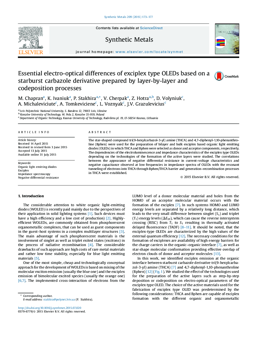 Essential electro-optical differences of exciplex type OLEDs based on a starburst carbazole derivative prepared by layer-by-layer and codeposition processes