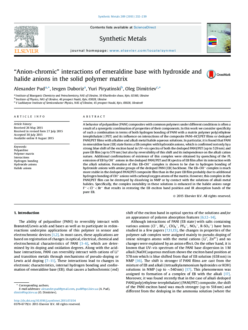 “Anion-chromic” interactions of emeraldine base with hydroxide and halide anions in the solid polymer matrix