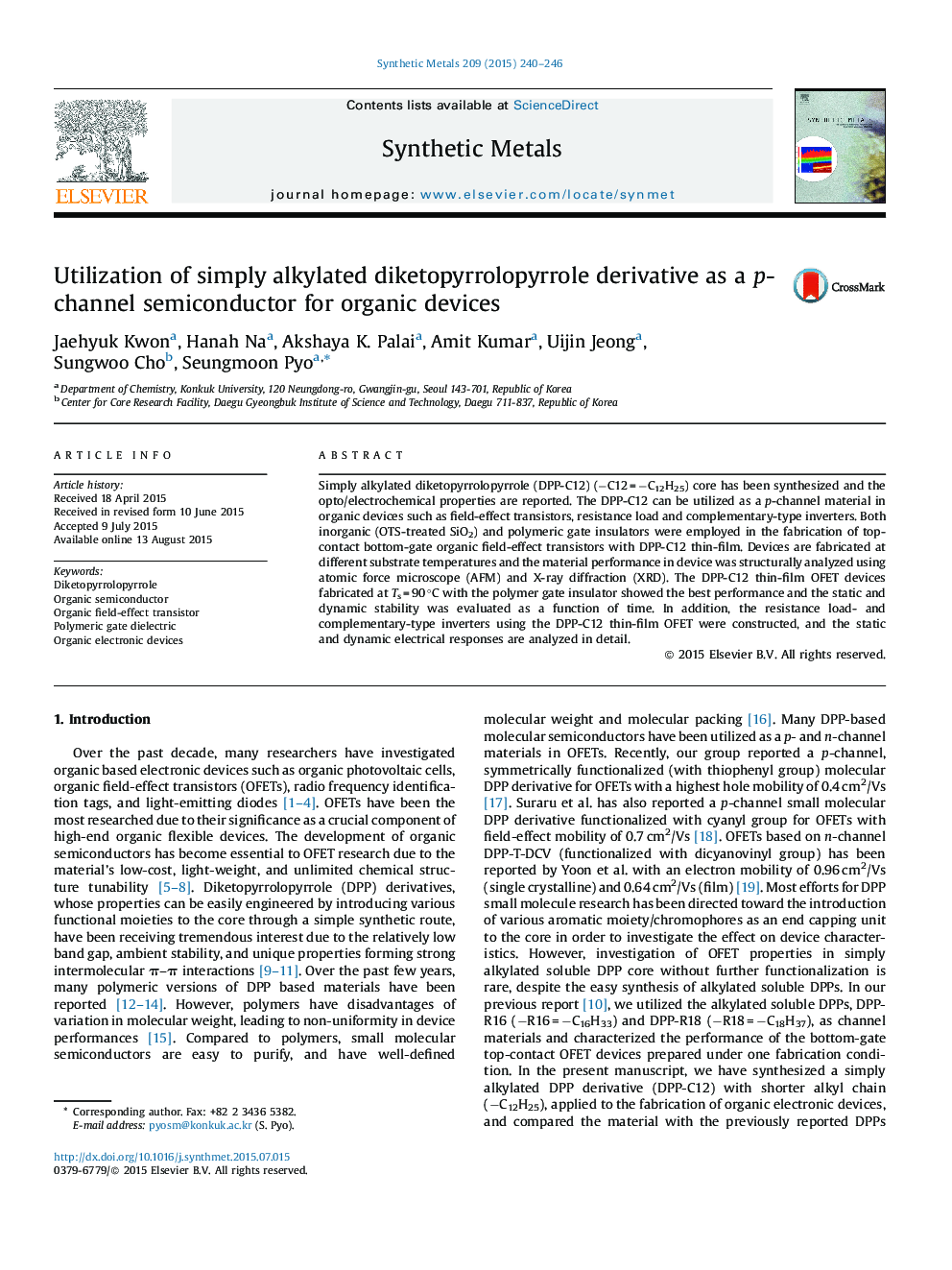 Utilization of simply alkylated diketopyrrolopyrrole derivative as a p-channel semiconductor for organic devices