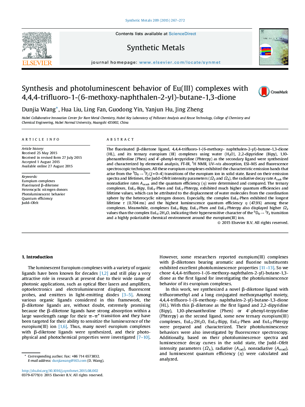 Synthesis and photoluminescent behavior of Eu(III) complexes with 4,4,4-trifluoro-1-(6-methoxy-naphthalen-2-yl)-butane-1,3-dione