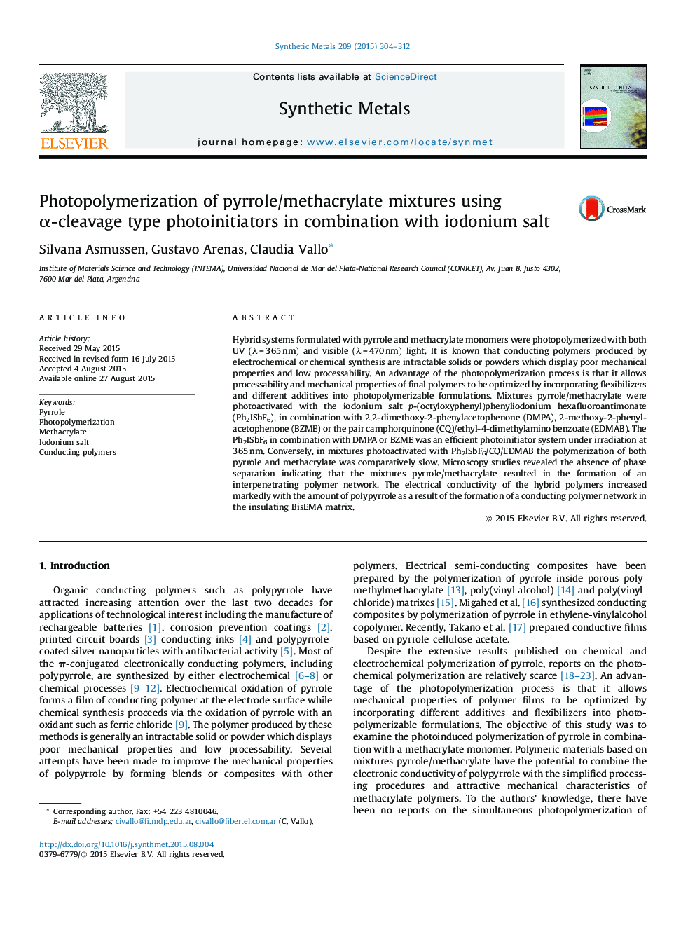 Photopolymerization of pyrrole/methacrylate mixtures using α-cleavage type photoinitiators in combination with iodonium salt