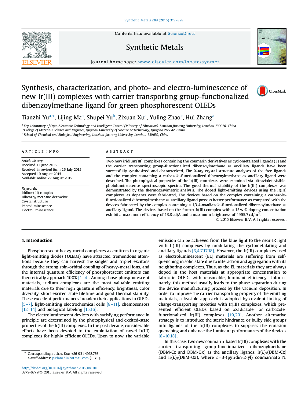 Synthesis, characterization, and photo- and electro-luminescence of new Ir(III) complexes with carrier transporting group-functionalized dibenzoylmethane ligand for green phosphorescent OLEDs