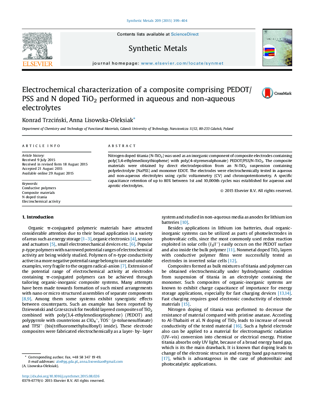 Electrochemical characterization of a composite comprising PEDOT/PSS and N doped TiO2 performed in aqueous and non-aqueous electrolytes