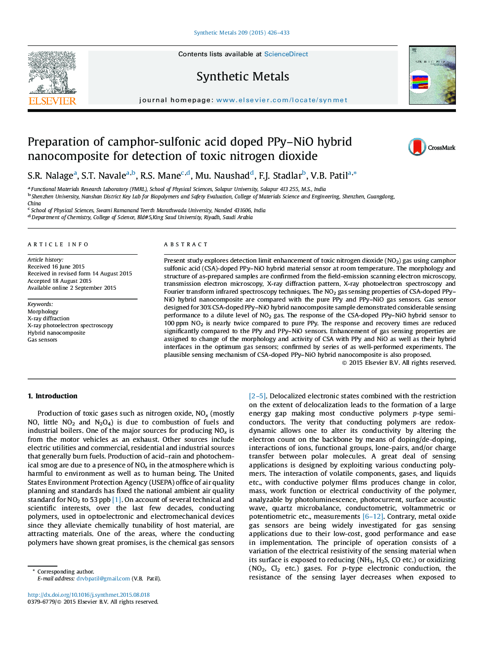 Preparation of camphor-sulfonic acid doped PPy–NiO hybrid nanocomposite for detection of toxic nitrogen dioxide