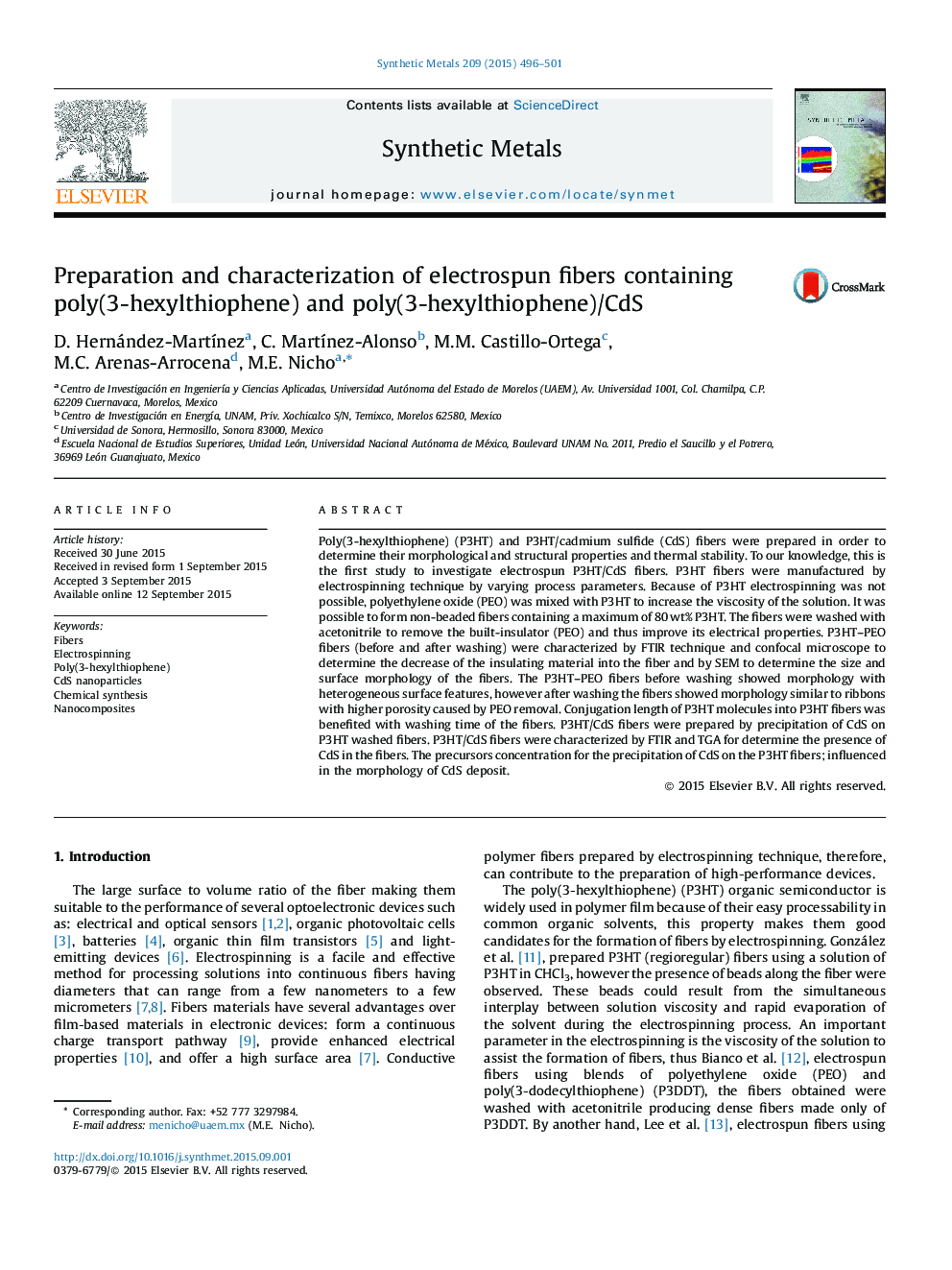 Preparation and characterization of electrospun fibers containing poly(3-hexylthiophene) and poly(3-hexylthiophene)/CdS