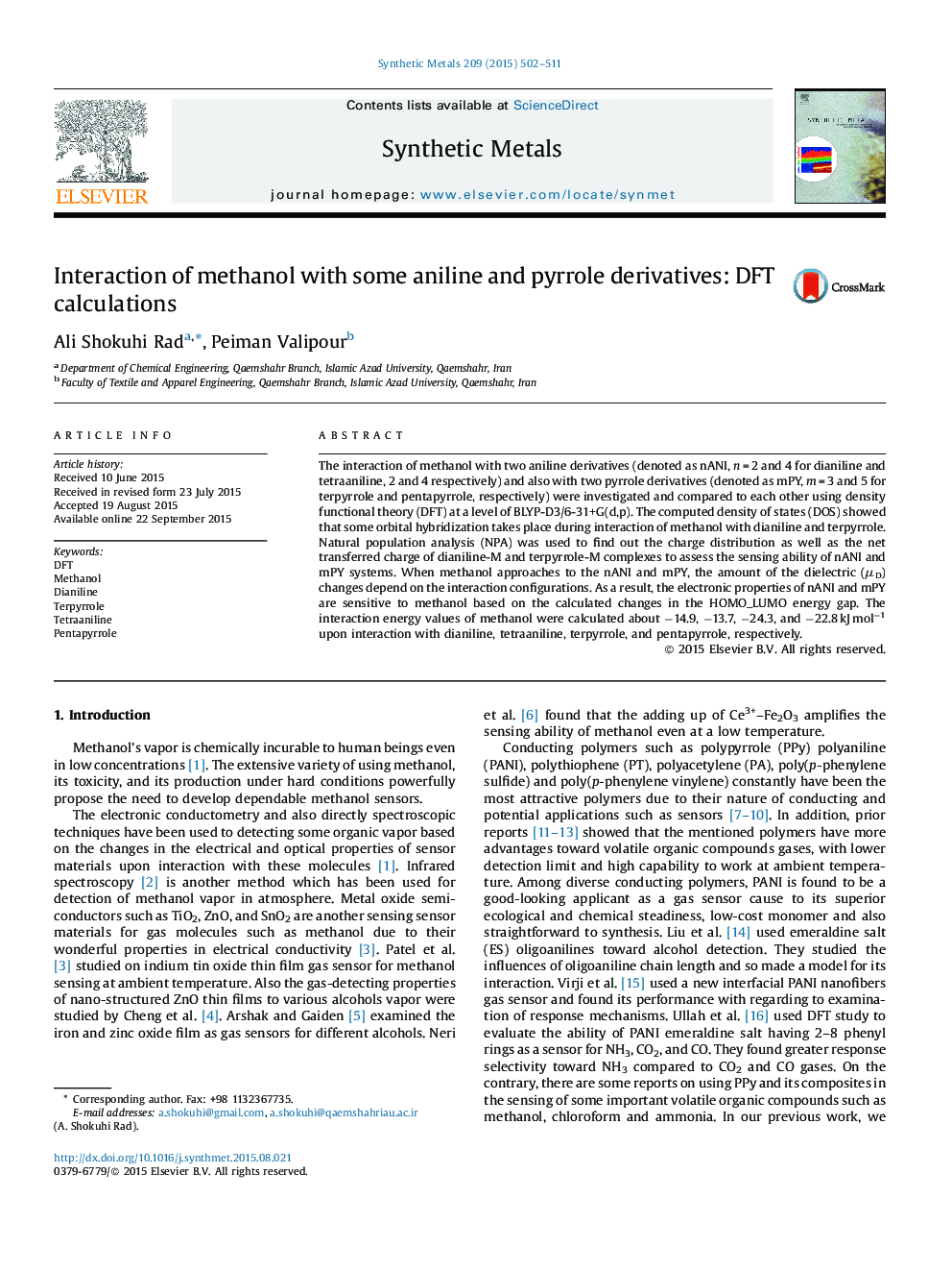 Interaction of methanol with some aniline and pyrrole derivatives: DFT calculations