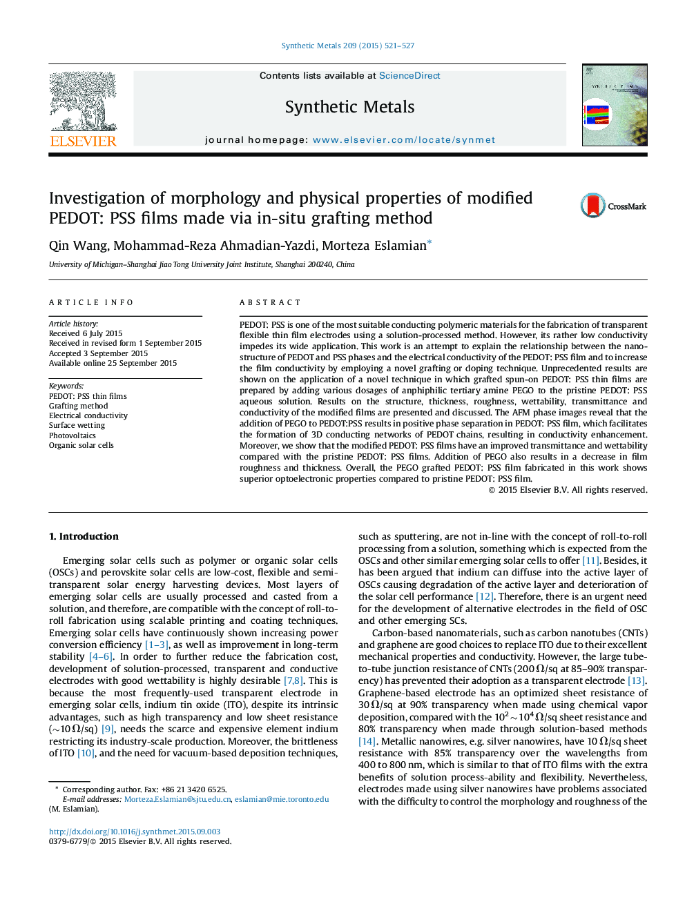 Investigation of morphology and physical properties of modified PEDOT: PSS films made via in-situ grafting method