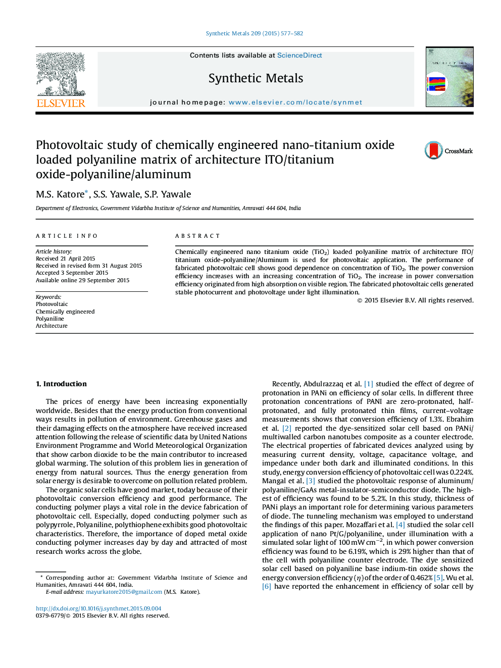 Photovoltaic study of chemically engineered nano-titanium oxide loaded polyaniline matrix of architecture ITO/titanium oxide-polyaniline/aluminum