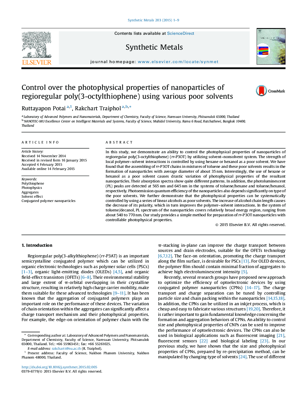 Control over the photophysical properties of nanoparticles of regioregular poly(3-octylthiophene) using various poor solvents