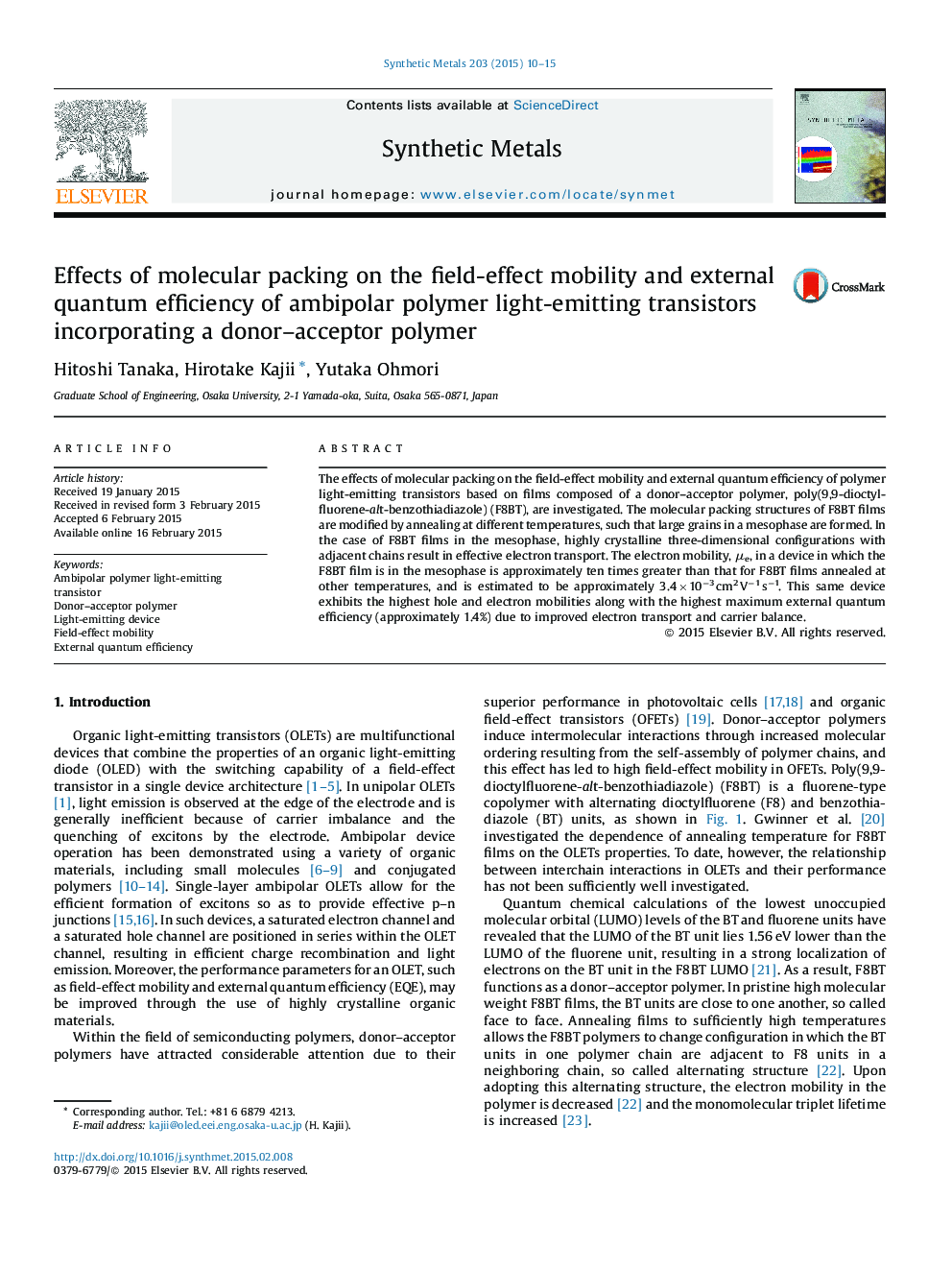 Effects of molecular packing on the field-effect mobility and external quantum efficiency of ambipolar polymer light-emitting transistors incorporating a donor–acceptor polymer