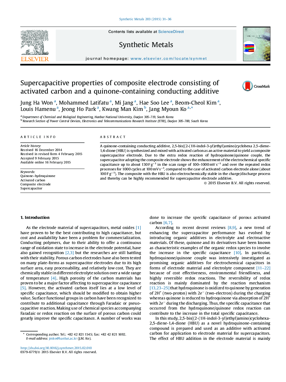 Supercapacitive properties of composite electrode consisting of activated carbon and a quinone-containing conducting additive