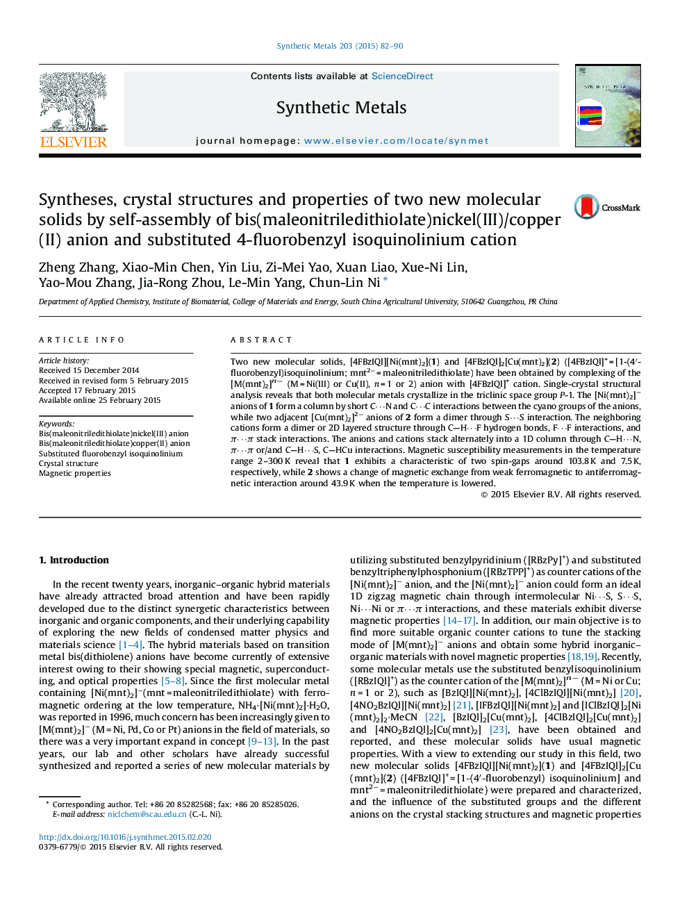 Syntheses, crystal structures and properties of two new molecular solids by self-assembly of bis(maleonitriledithiolate)nickel(III)/copper(II) anion and substituted 4-fluorobenzyl isoquinolinium cation
