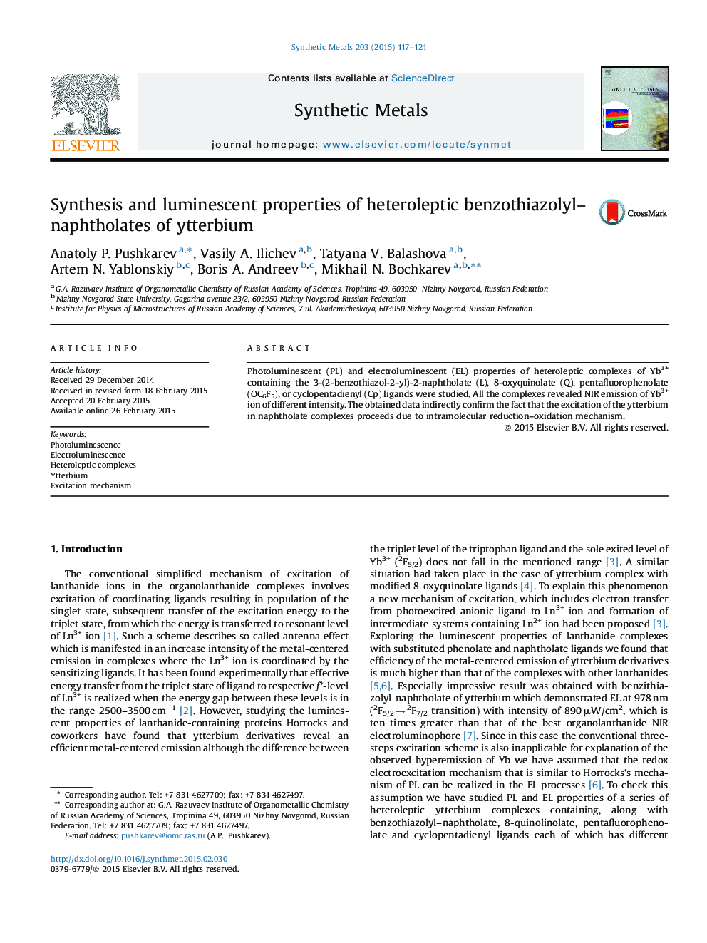 Synthesis and luminescent properties of heteroleptic benzothiazolyl–naphtholates of ytterbium