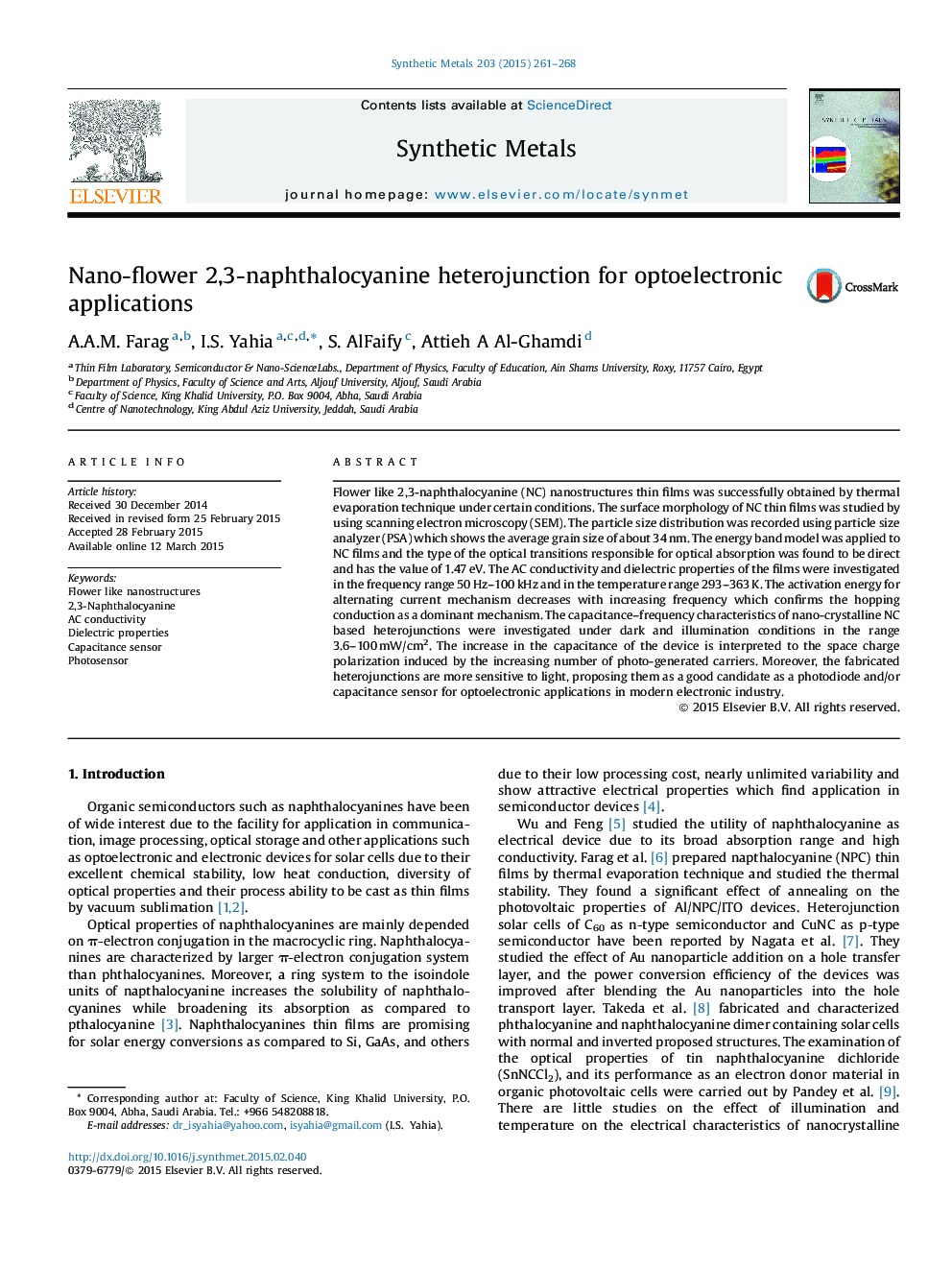 Nano-flower 2,3-naphthalocyanine heterojunction for optoelectronic applications