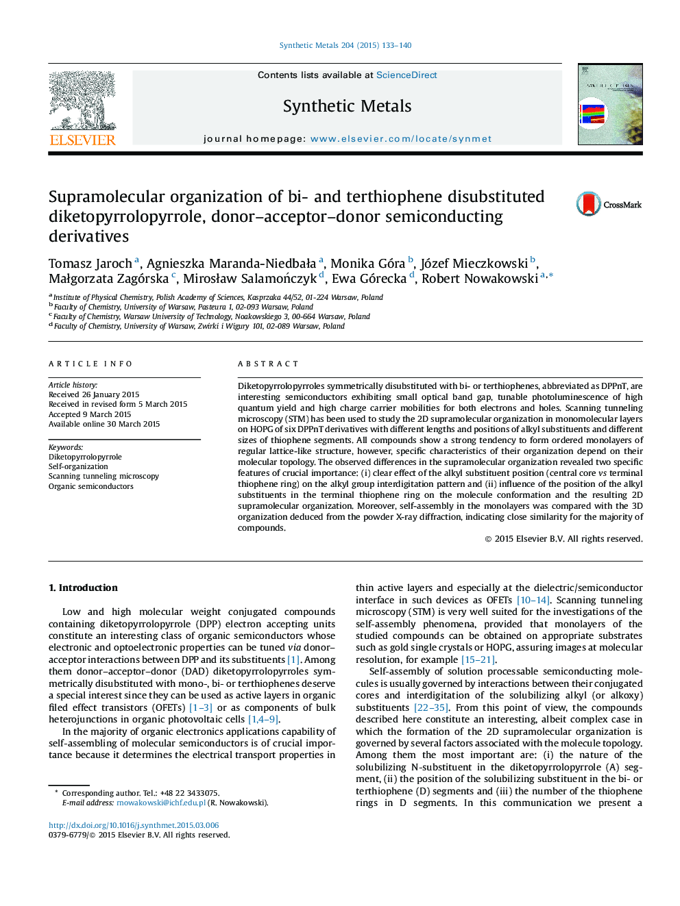 عکس صفحه اول مقاله: Supramolecular organization of bi- and terthiophene disubstituted diketopyrrolopyrrole, donor–acceptor–donor semiconducting derivatives Supramolecular organization of bi- and terthiophene disubstituted diketopyrrolopyrrole, donor–acceptor–donor semiconducting derivatives
