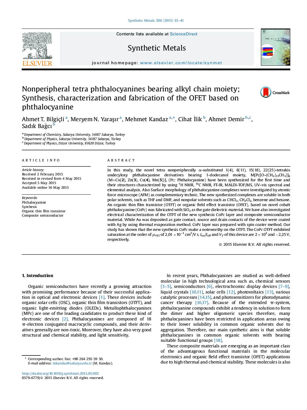 Nonperipheral tetra phthalocyanines bearing alkyl chain moiety; Synthesis, characterization and fabrication of the OFET based on phthalocyanine