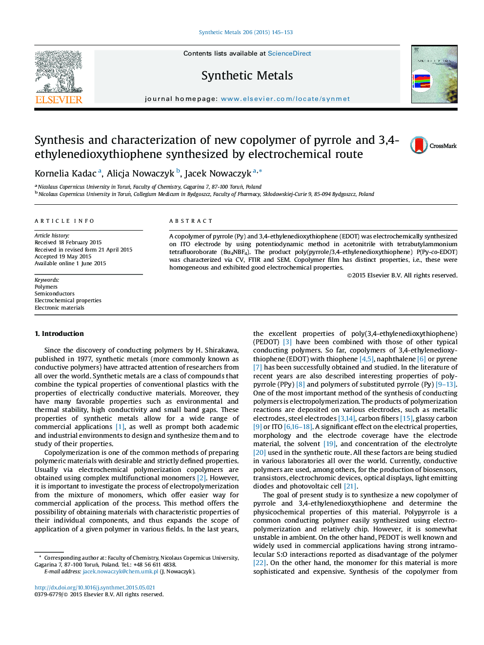 Synthesis and characterization of new copolymer of pyrrole and 3,4-ethylenedioxythiophene synthesized by electrochemical route