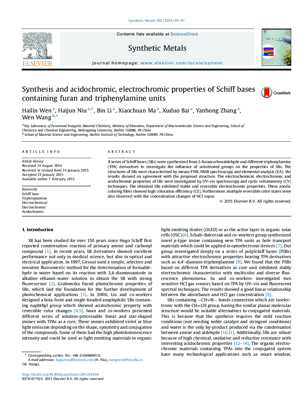 عکس صفحه اول مقاله: Synthesis and acidochromic, electrochromic properties of Schiff bases containing furan and triphenylamine units Synthesis and acidochromic, electrochromic properties of Schiff bases containing furan and triphenylamine units