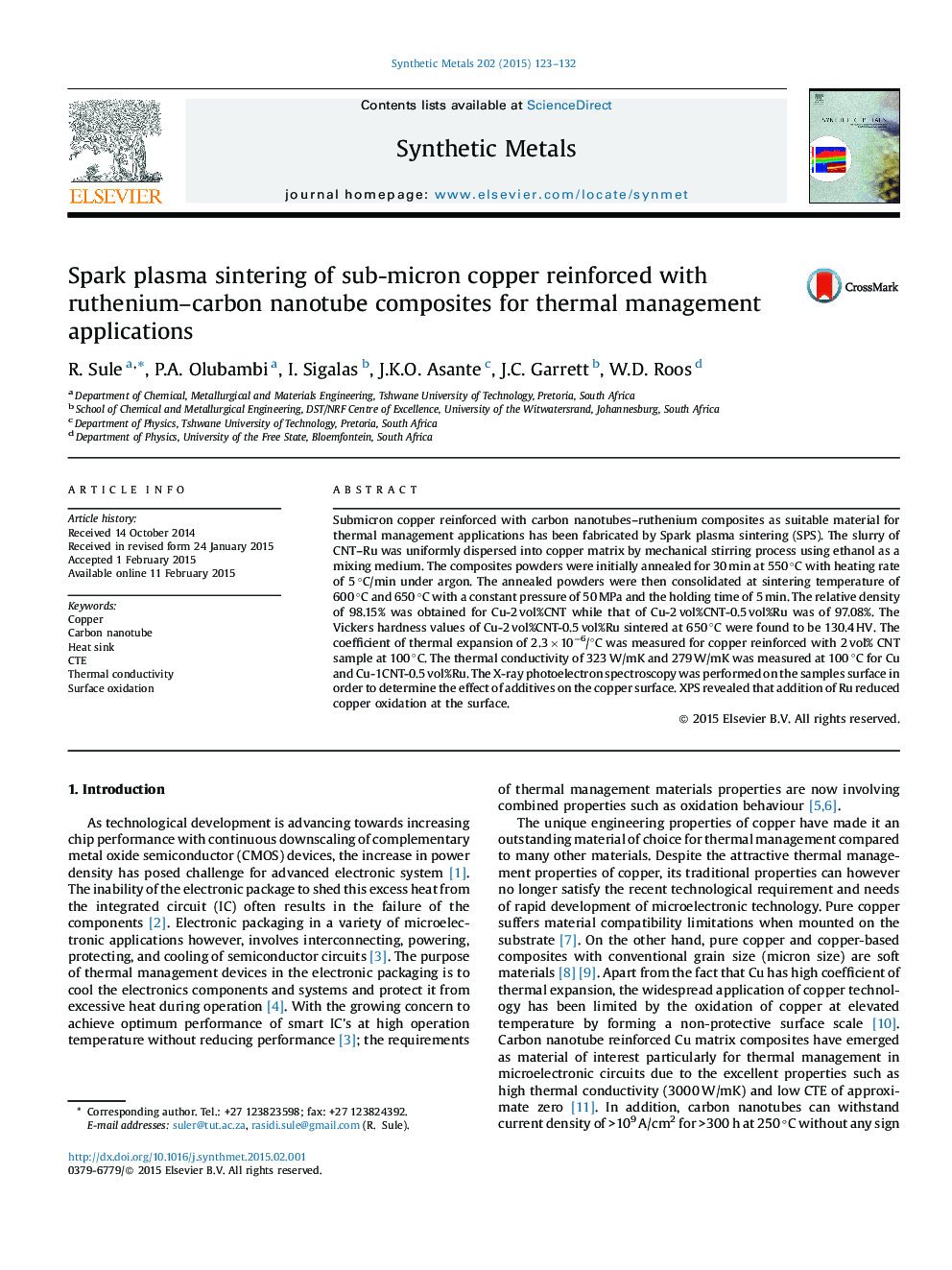 Spark plasma sintering of sub-micron copper reinforced with ruthenium–carbon nanotube composites for thermal management applications