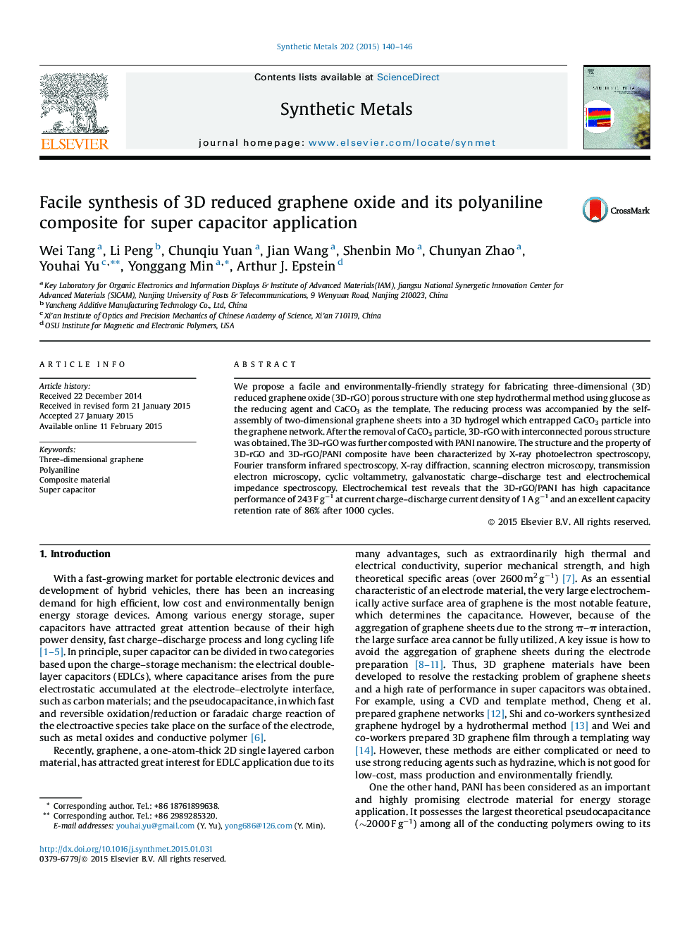 Facile synthesis of 3D reduced graphene oxide and its polyaniline composite for super capacitor application