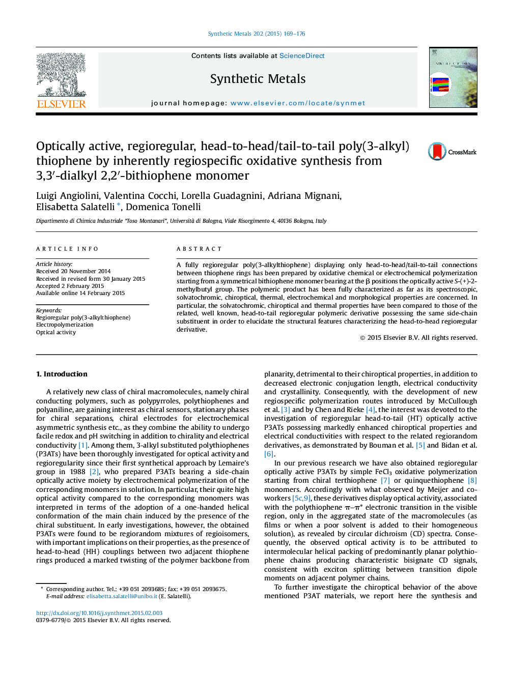 Optically active, regioregular, head-to-head/tail-to-tail poly(3-alkyl)thiophene by inherently regiospecific oxidative synthesis from 3,3′-dialkyl 2,2′-bithiophene monomer