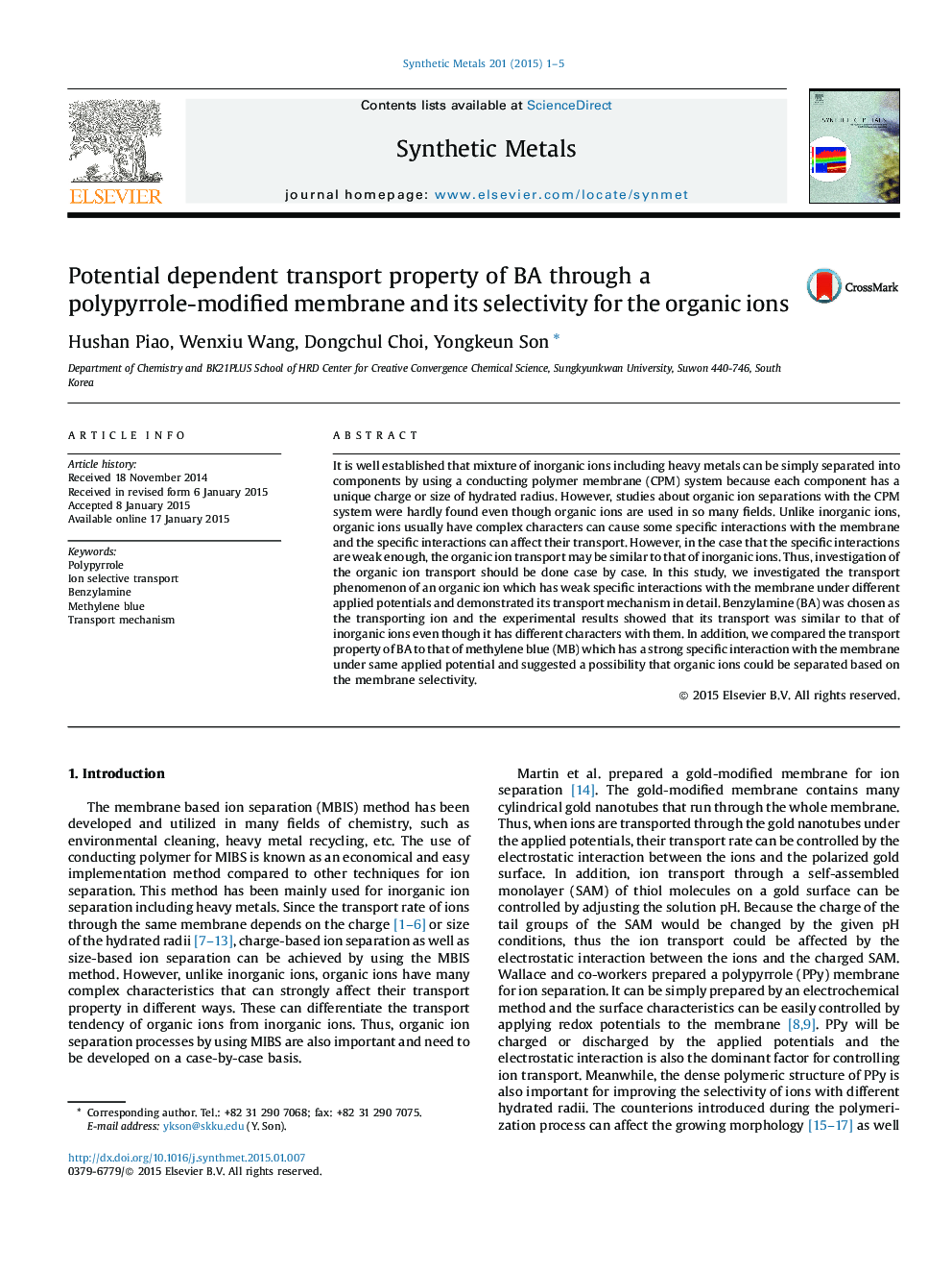 Potential dependent transport property of BA through a polypyrrole-modified membrane and its selectivity for the organic ions