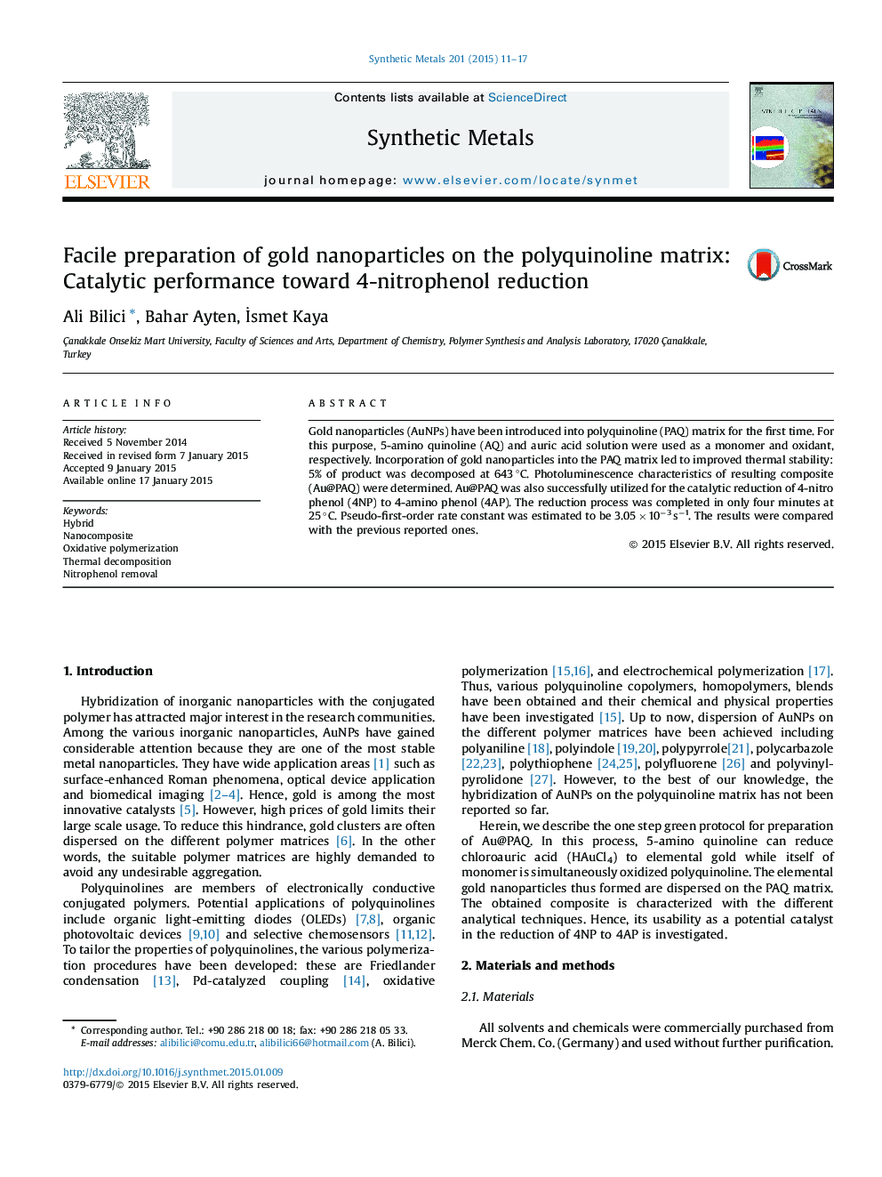 آماده سازی چسبندگی نانوذرات طلا در ماتریکس پلی کینولین: عملکرد کاتالیزوری نسبت به کاهش 4 نیتروفنول 