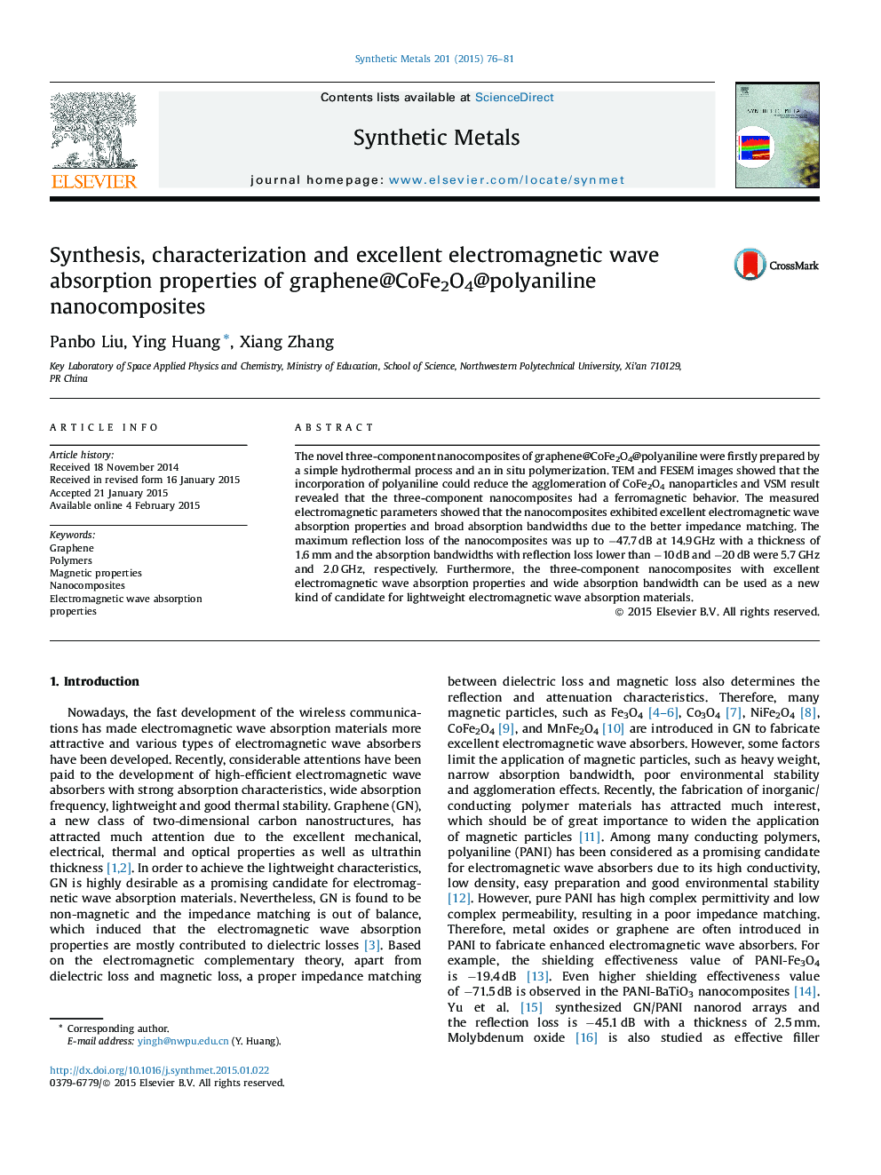 Synthesis, characterization and excellent electromagnetic wave absorption properties of graphene@CoFe2O4@polyaniline nanocomposites