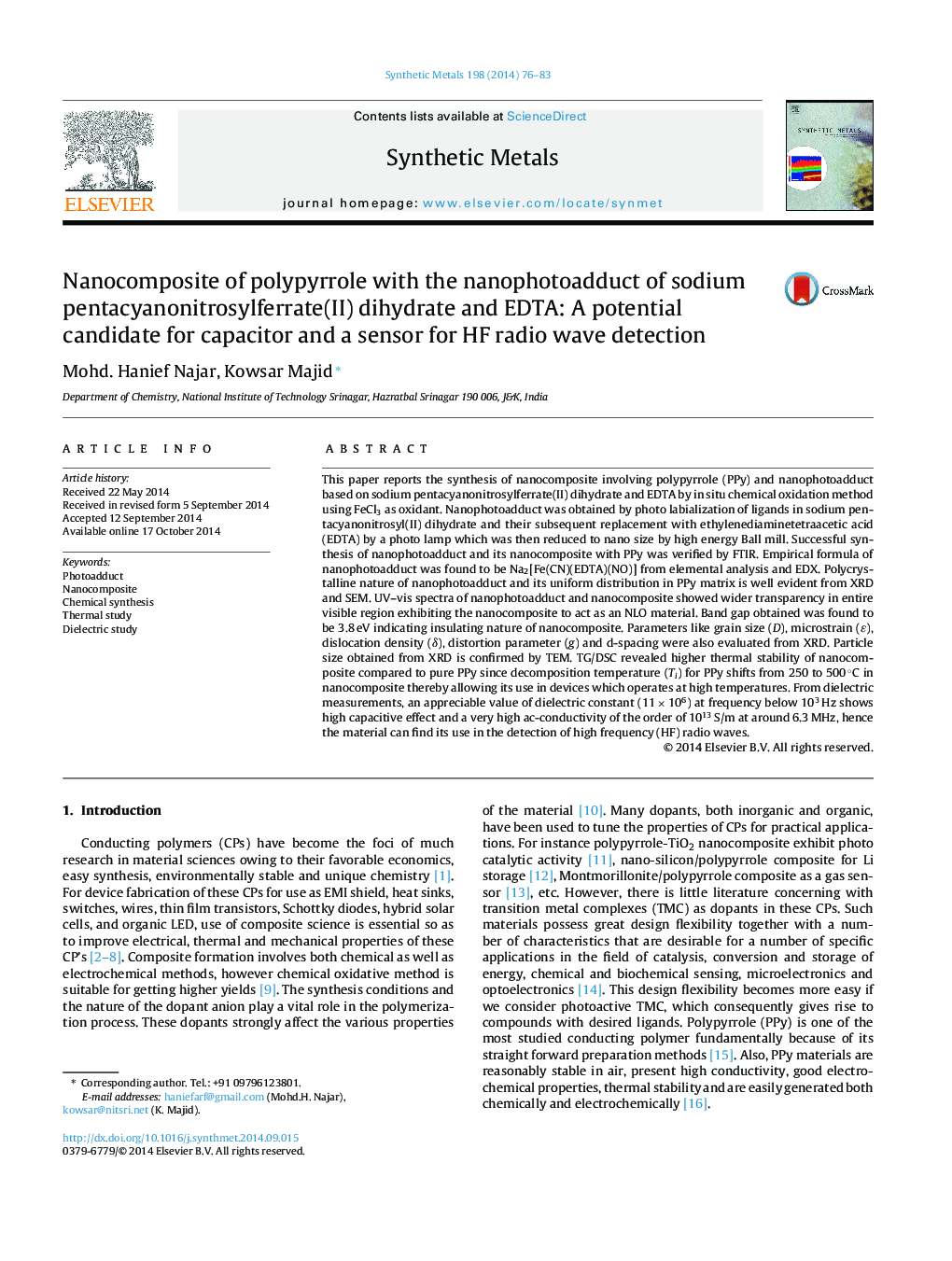 Nanocomposite of polypyrrole with the nanophotoadduct of sodium pentacyanonitrosylferrate(II) dihydrate and EDTA: A potential candidate for capacitor and a sensor for HF radio wave detection