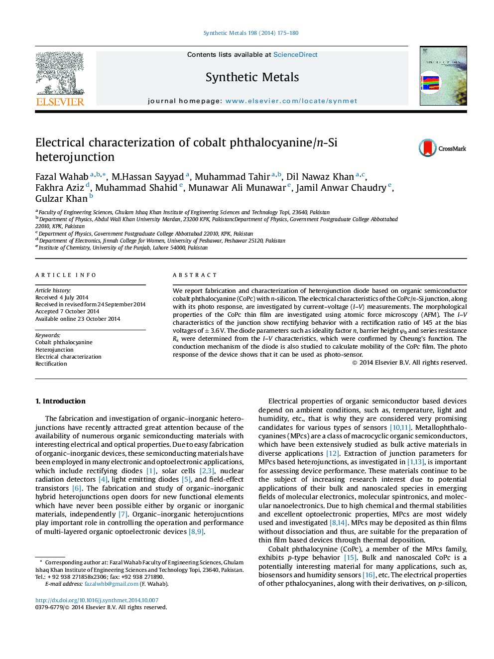 Electrical characterization of cobalt phthalocyanine/n-Si heterojunction