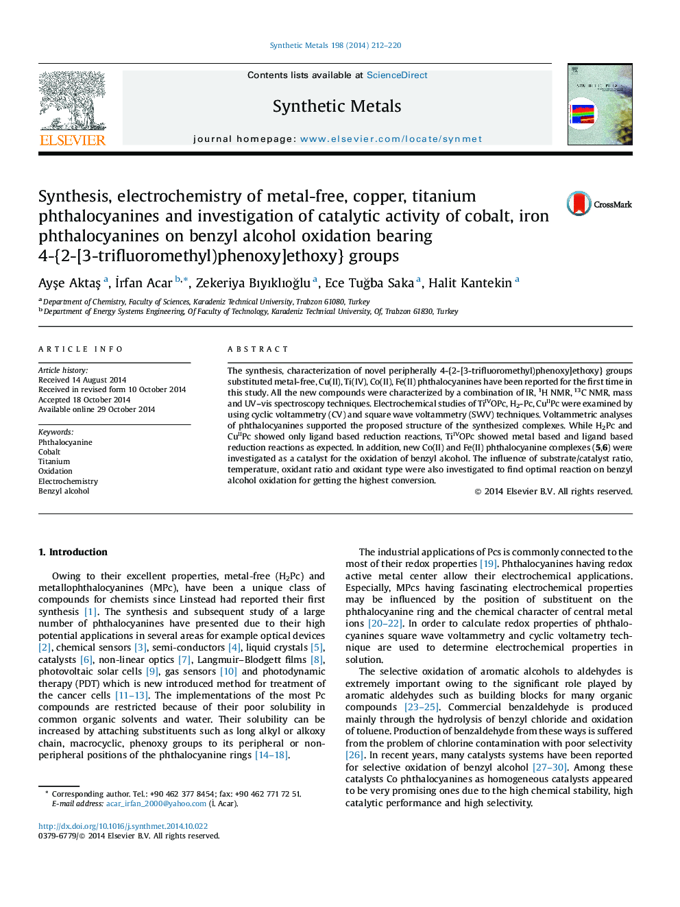 Synthesis, electrochemistry of metal-free, copper, titanium phthalocyanines and investigation of catalytic activity of cobalt, iron phthalocyanines on benzyl alcohol oxidation bearing 4-{2-[3-trifluoromethyl)phenoxy]ethoxy} groups