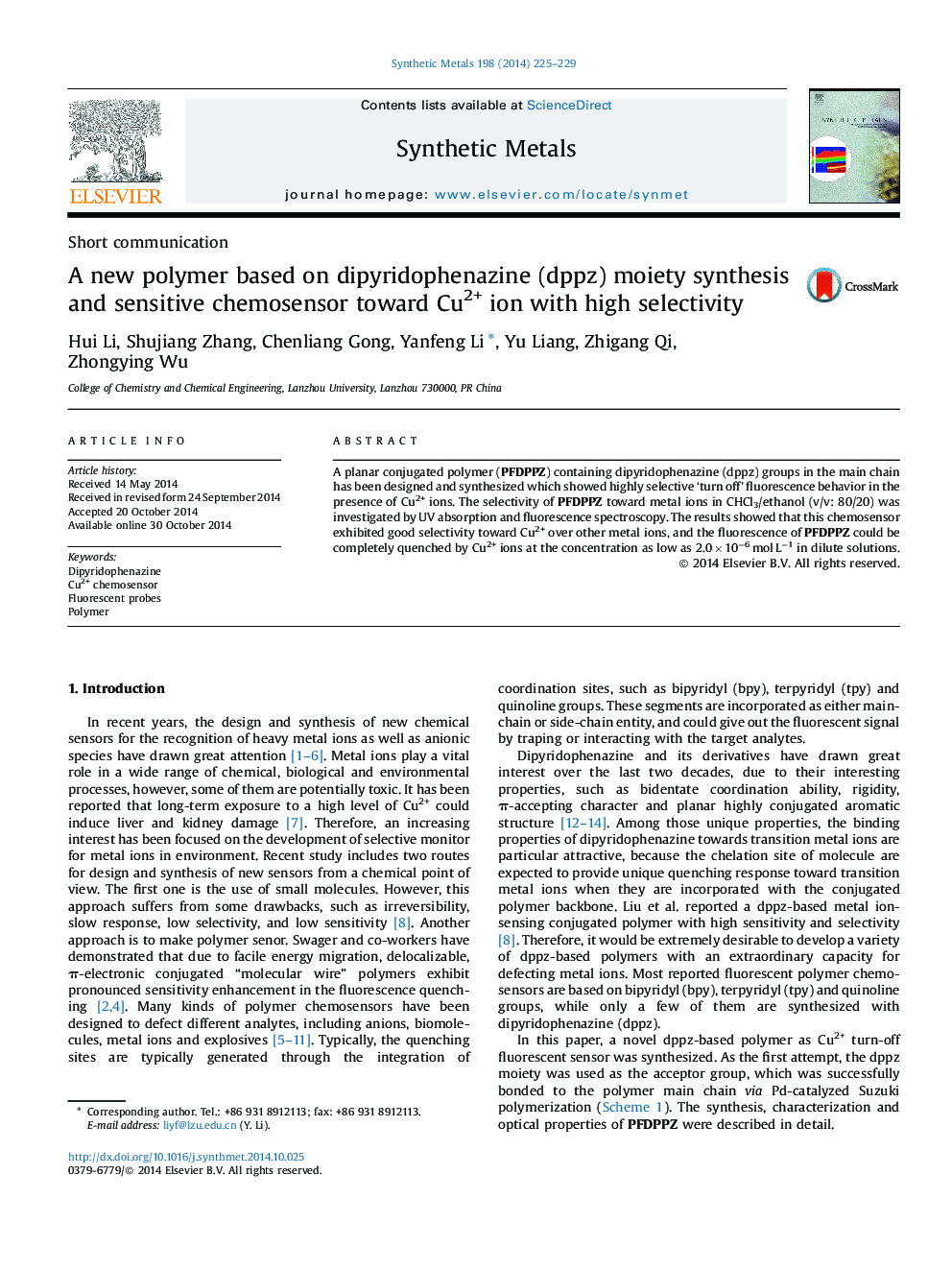 A new polymer based on dipyridophenazine (dppz) moiety synthesis and sensitive chemosensor toward Cu2+ ion with high selectivity