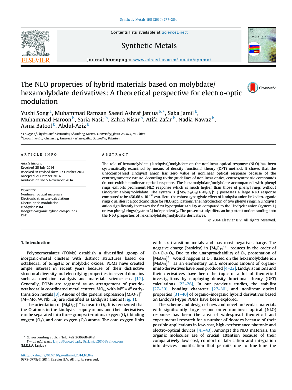 The NLO properties of hybrid materials based on molybdate/hexamolybdate derivatives: A theoretical perspective for electro-optic modulation