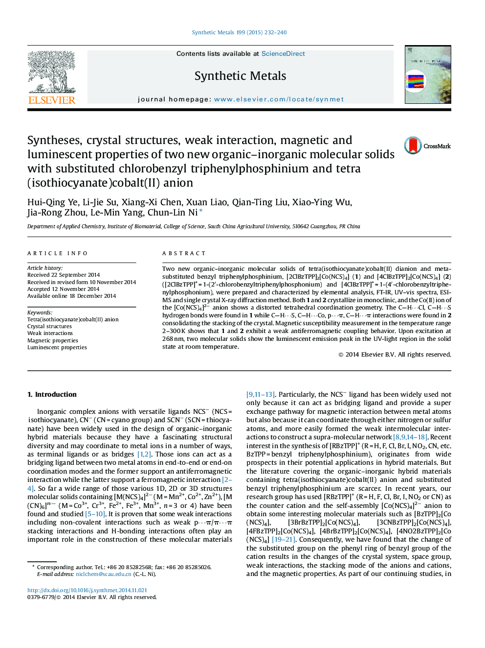 Syntheses, crystal structures, weak interaction, magnetic and luminescent properties of two new organic–inorganic molecular solids with substituted chlorobenzyl triphenylphosphinium and tetra(isothiocyanate)cobalt(II) anion