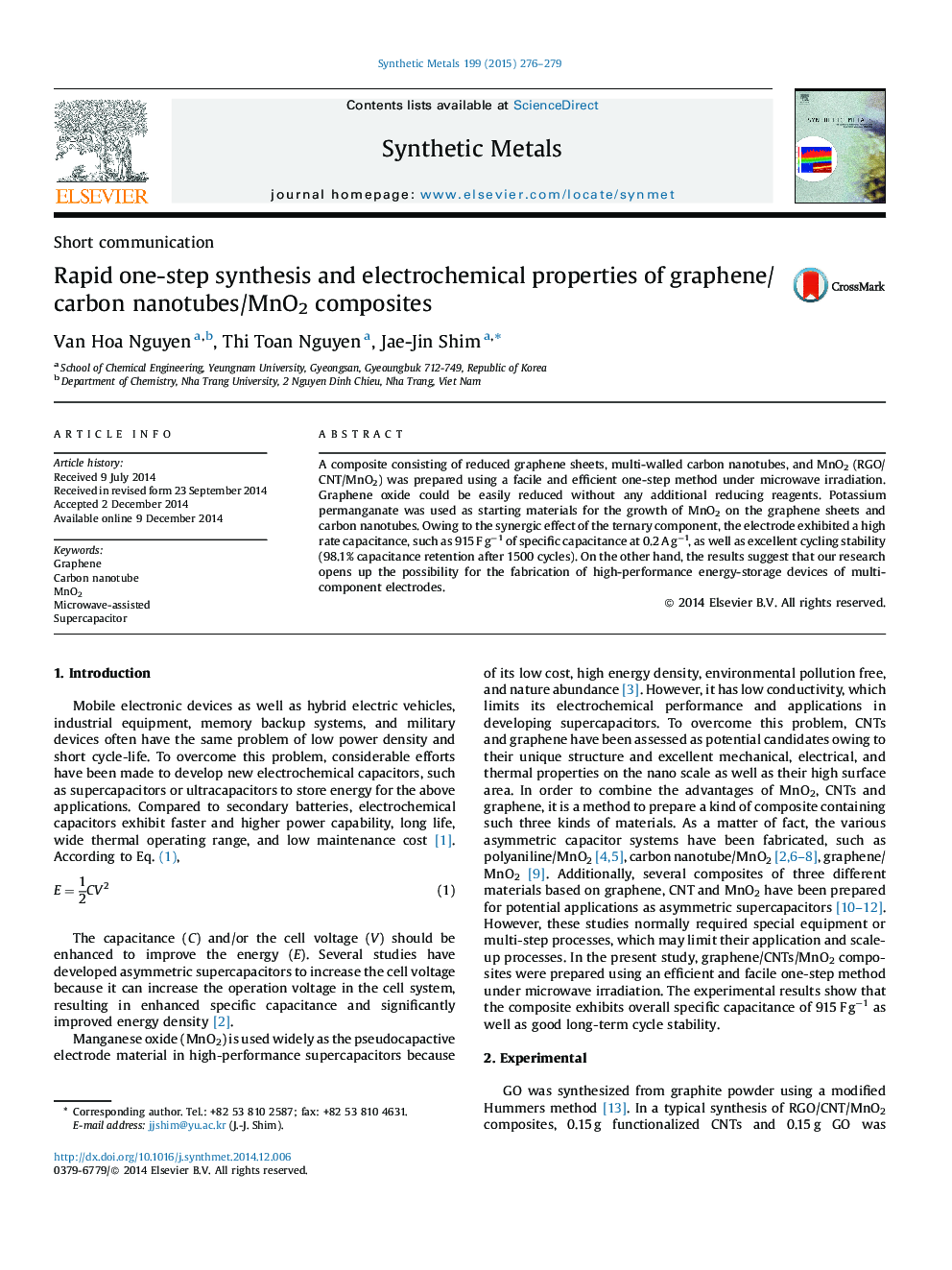 Rapid one-step synthesis and electrochemical properties of graphene/carbon nanotubes/MnO2 composites