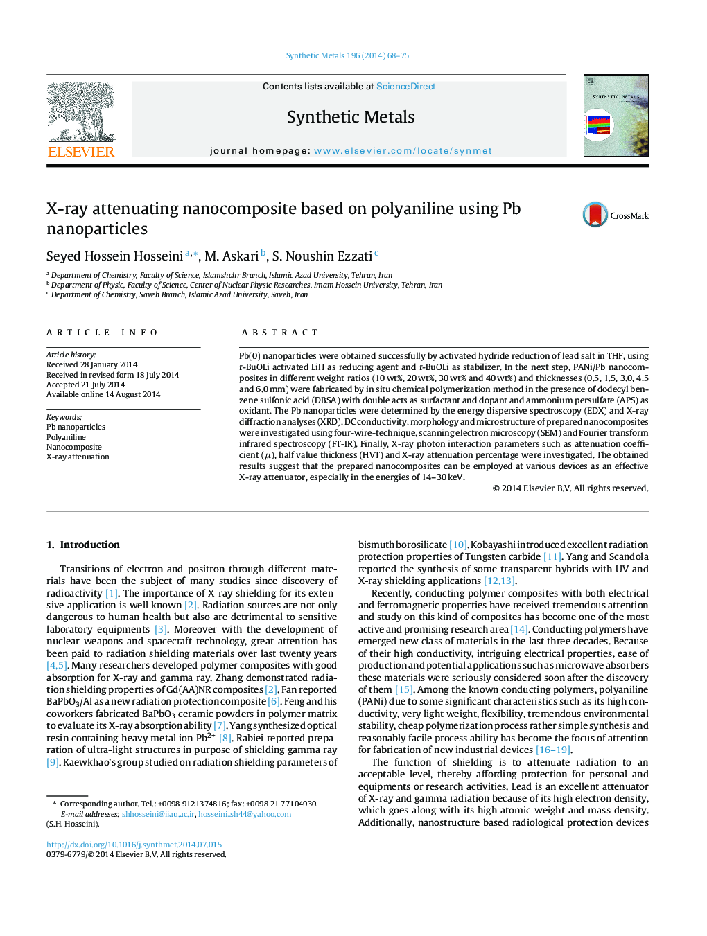 X-ray attenuating nanocomposite based on polyaniline using Pb nanoparticles