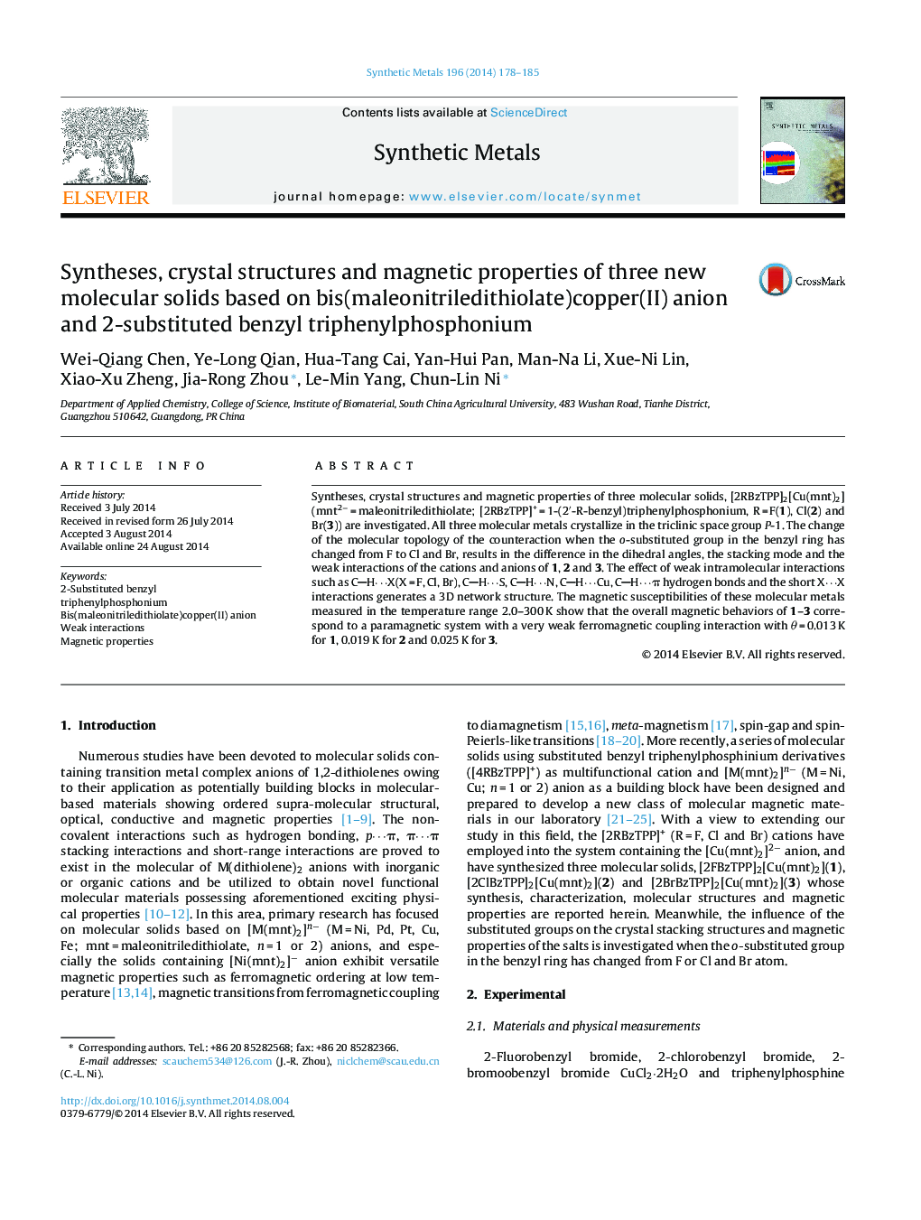 Syntheses, crystal structures and magnetic properties of three new molecular solids based on bis(maleonitriledithiolate)copper(II) anion and 2-substituted benzyl triphenylphosphonium