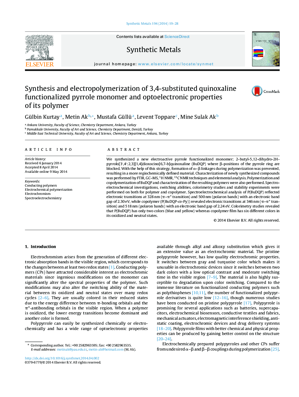 Synthesis and electropolymerization of 3,4-substituted quinoxaline functionalized pyrrole monomer and optoelectronic properties of its polymer