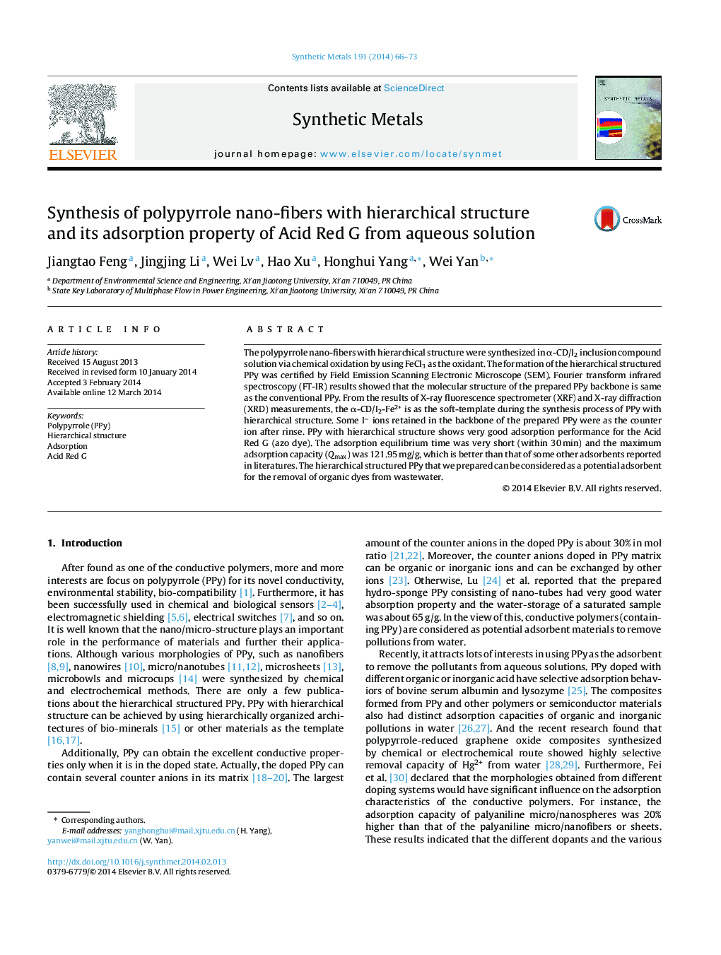 Synthesis of polypyrrole nano-fibers with hierarchical structure and its adsorption property of Acid Red G from aqueous solution