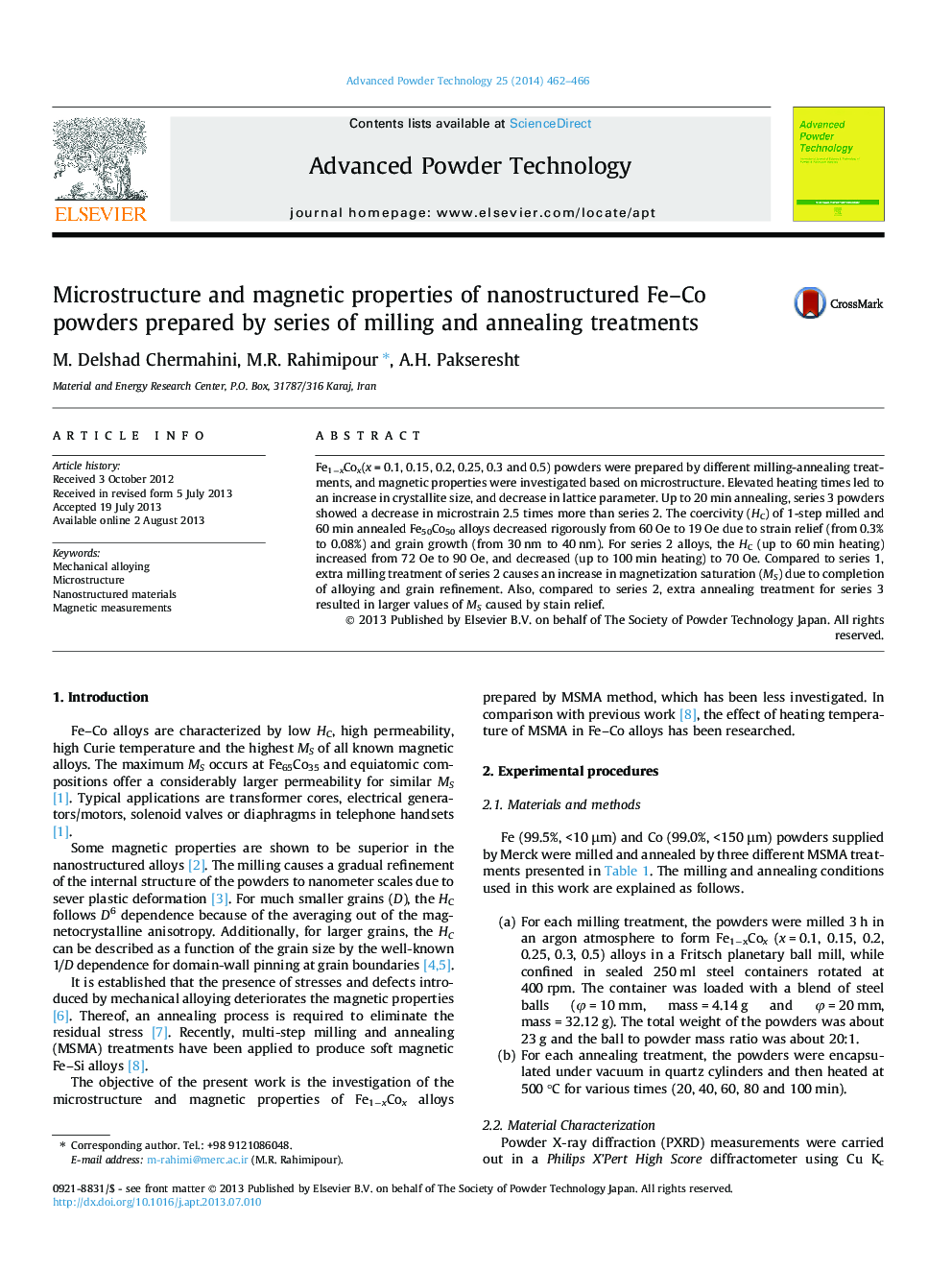 Microstructure and magnetic properties of nanostructured Fe–Co powders prepared by series of milling and annealing treatments