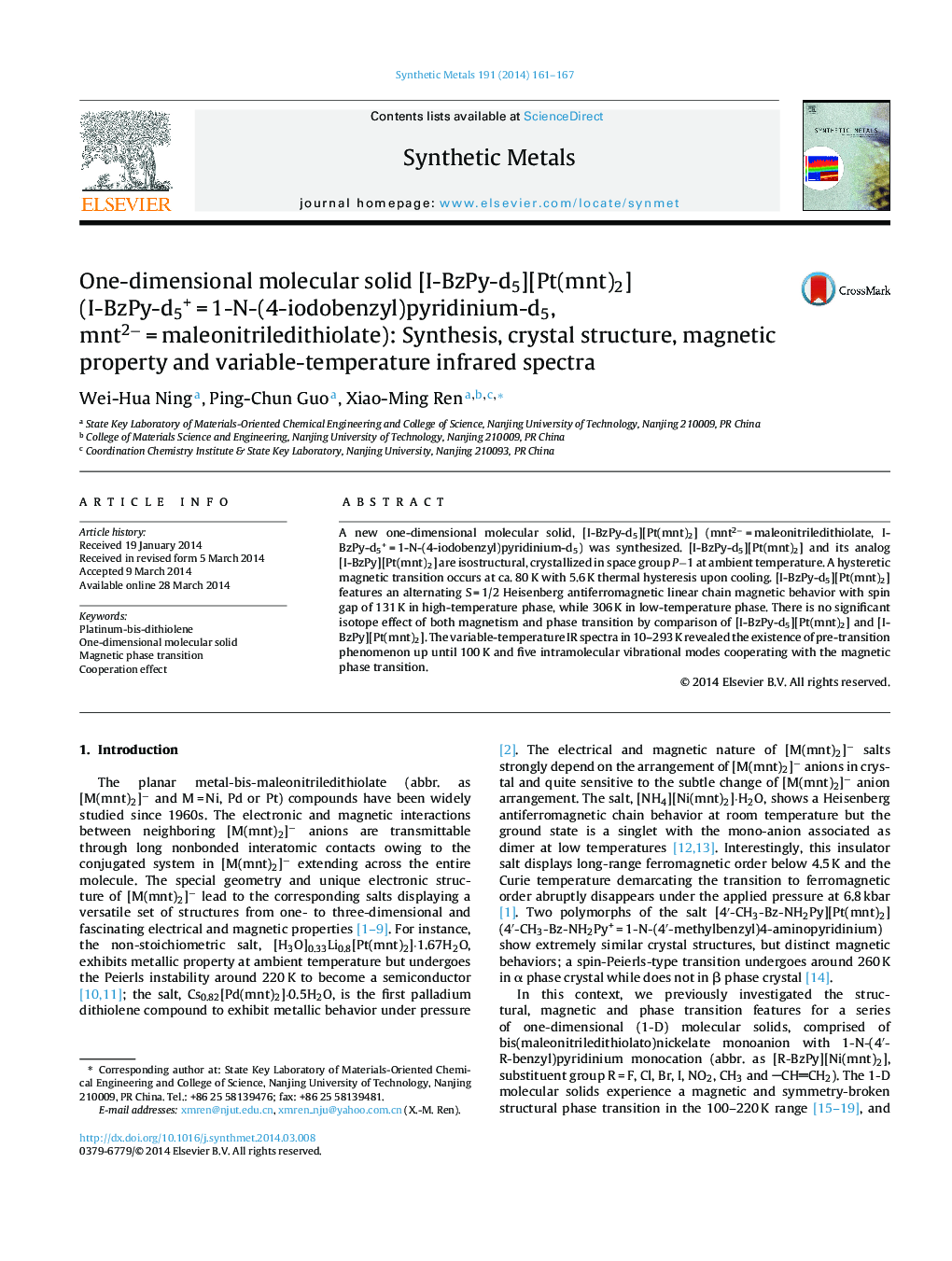 One-dimensional molecular solid [I-BzPy-d5][Pt(mnt)2] (I-BzPy-d5+ = 1-N-(4-iodobenzyl)pyridinium-d5, mnt2− = maleonitriledithiolate): Synthesis, crystal structure, magnetic property and variable-temperature infrared spectra